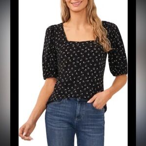 CeCe Black Floral Square-Neck Puff Sleeve Blouse